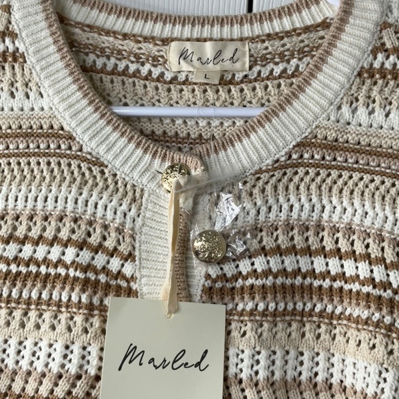Marled Cream and Brown Striped Knit Cardigan with Front Pockets Size L - Picture 4 of 11